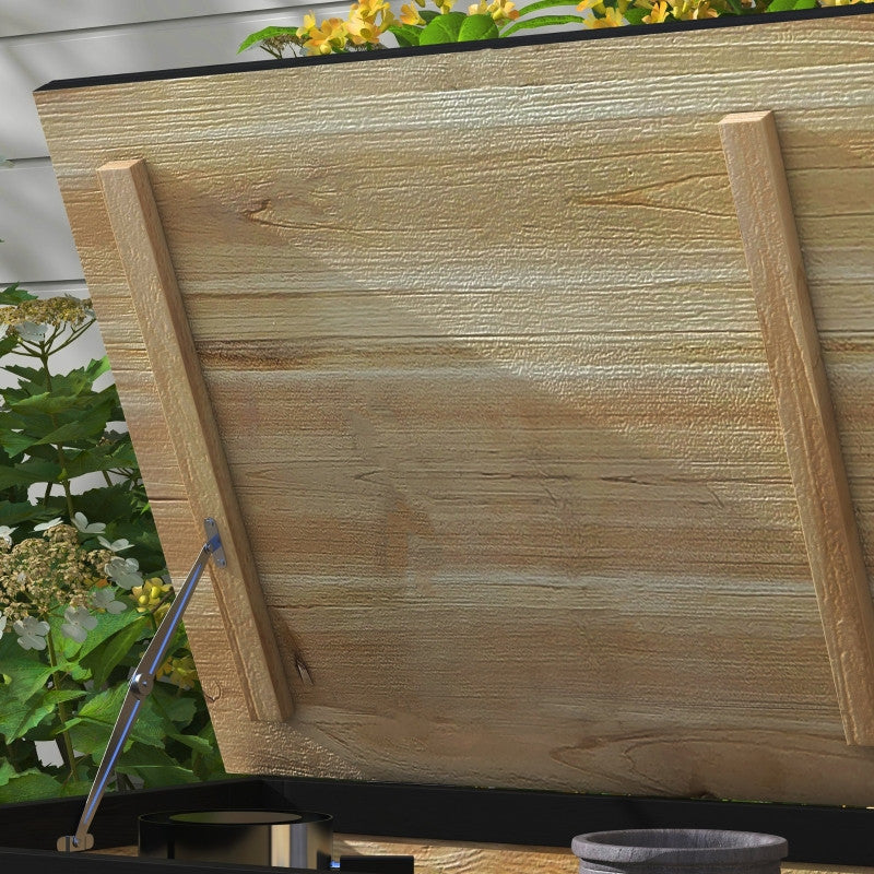 Trädgårdsförvaringslåda, 121 liter, 2 hjul, väderbeständig, metallram, naturligt trä, 100x50x43 cm.