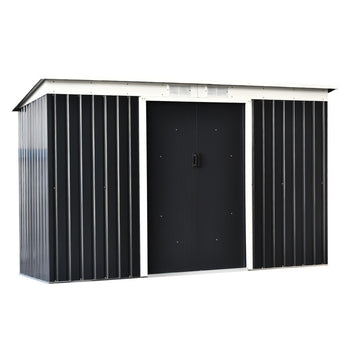 skjul, skjutdörr, ventilationsfönster, sadeltak, utomhusbruk, stål, mörkgrå, 280 x 130 x 172 cm.