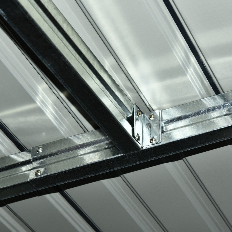 vaja, liukuovella, tuuletusikkunalla, harjakatto, ulkokäyttöön, teräs, tummanharmaa, 280 x 130 x 172 cm.