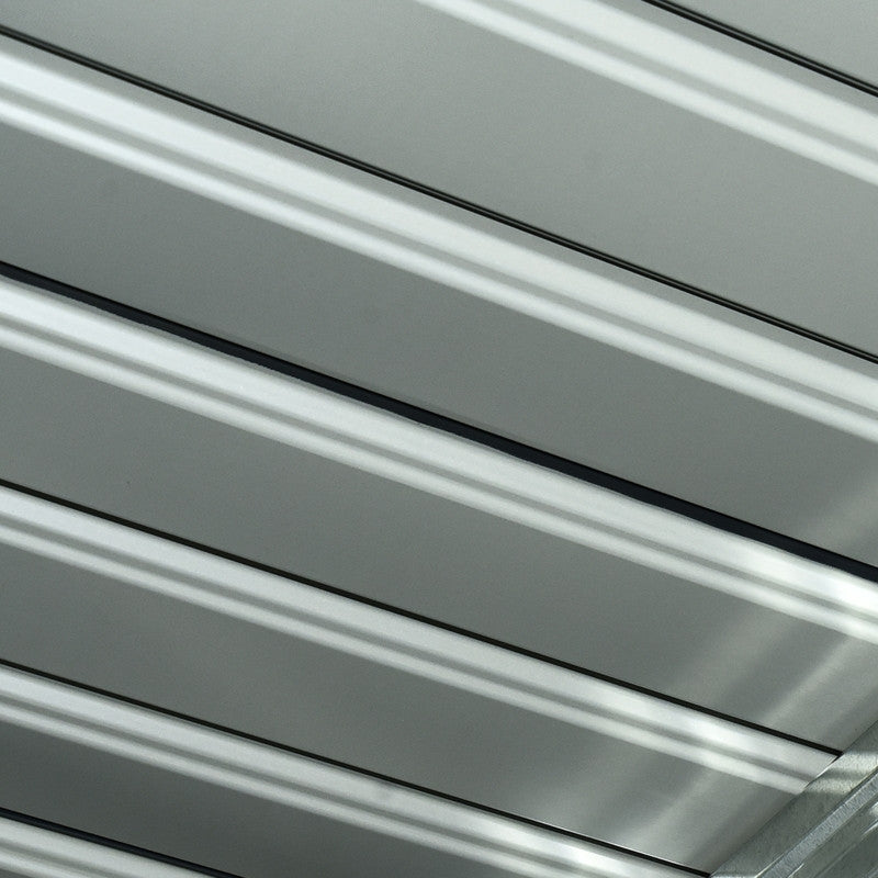 vaja, liukuovella, tuuletusikkunalla, harjakatto, ulkokäyttöön, teräs, tummanharmaa, 280 x 130 x 172 cm.