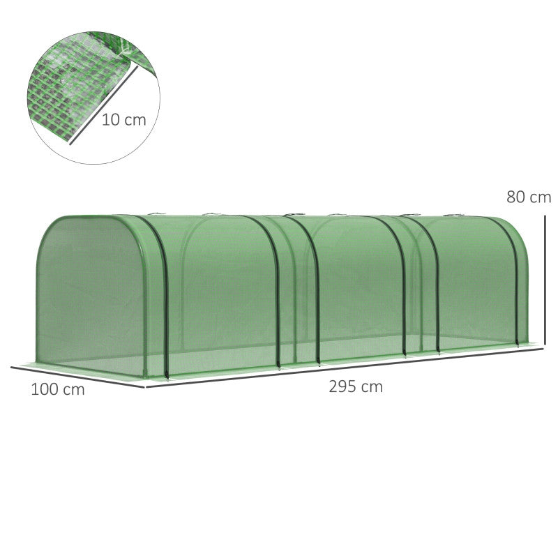 Tunnelväxthus, tre rullportar, slitstark presenning, stålram, grön, 2,95 x 1 x 0,8 m.