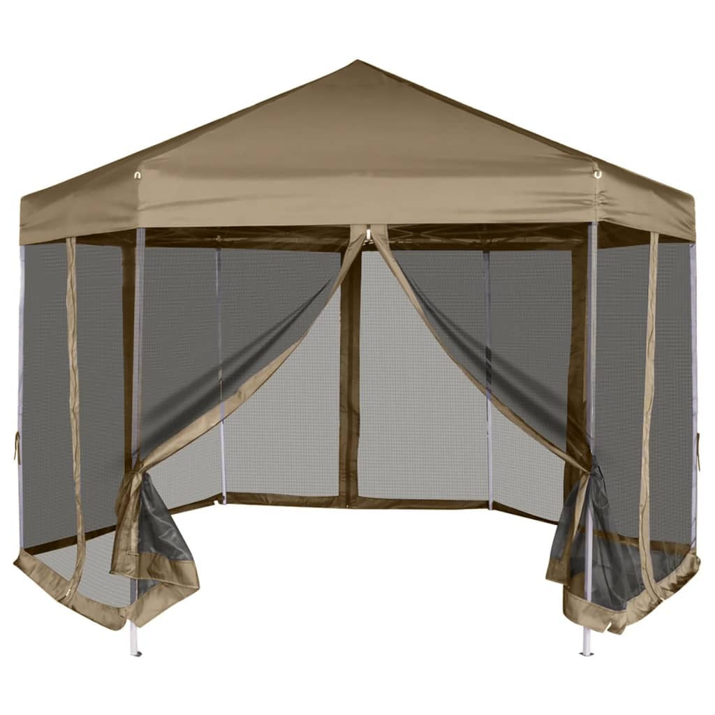 Sexkantigt pop-up-partytält, 6 väggar, grått, 3,6 x 3,1 m