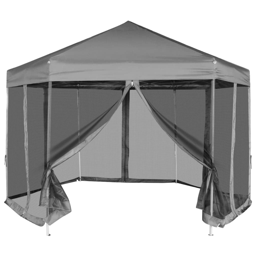 Sexkantigt pop-up-partytält, 6 väggar, grått, 3,6 x 3,1 m