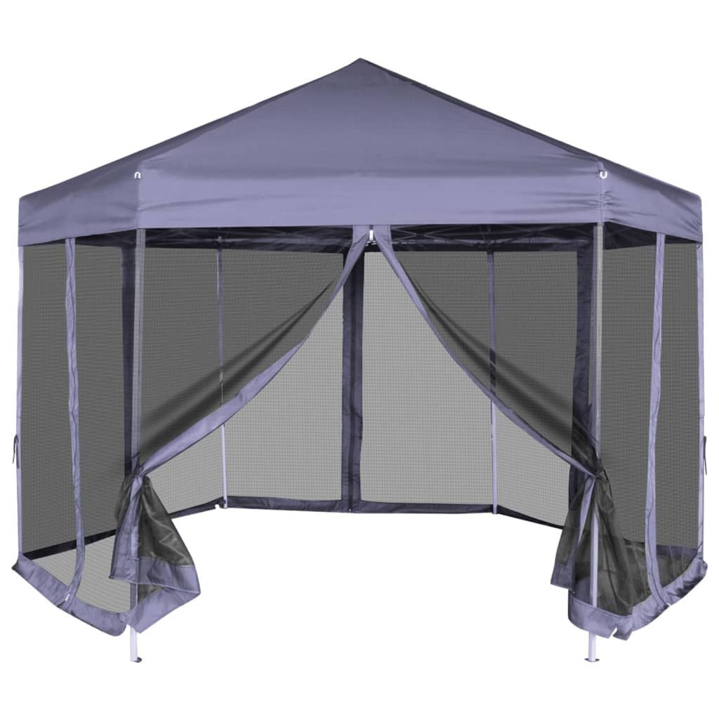Sexkantigt pop-up-partytält, 6 väggar, grått, 3,6 x 3,1 m