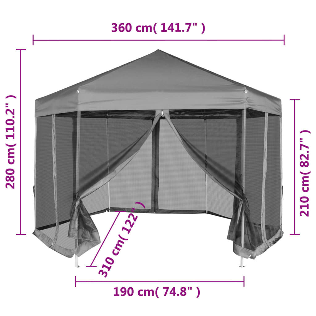 Sexkantigt pop-up-partytält, 6 väggar, grått, 3,6 x 3,1 m