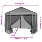 Sexkantigt pop-up-partytält, 6 väggar, grått, 3,6 x 3,1 m