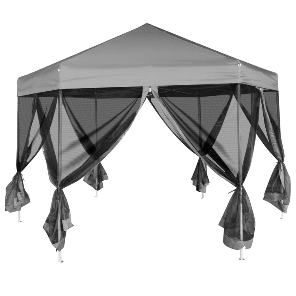 Sexkantigt pop-up-partytält, 6 väggar, grått, 3,6 x 3,1 m
