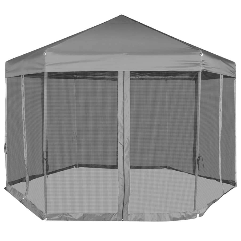 Sexkantigt pop-up-partytält, 6 väggar, grått, 3,6 x 3,1 m