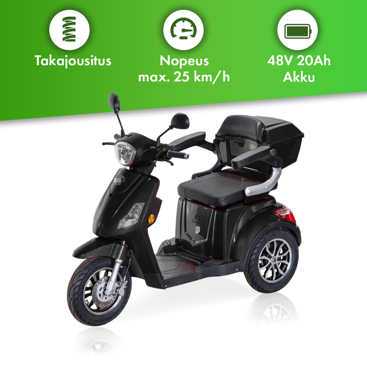 Senioriskootteri 1000W 25 km/h – 48V20Ah litiumakku, varashälytin, 150 kg