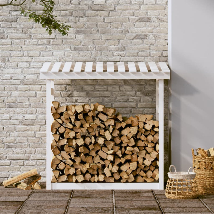 Vedställ, vitt, 108x64,5x110 cm, massiv furu