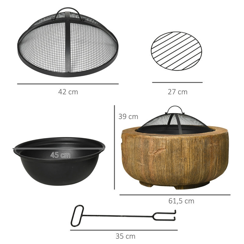 Eldstad med trädstubbsdesign, gnistskydd, kolrist, glöd, Ø61,5 x 39 cm.