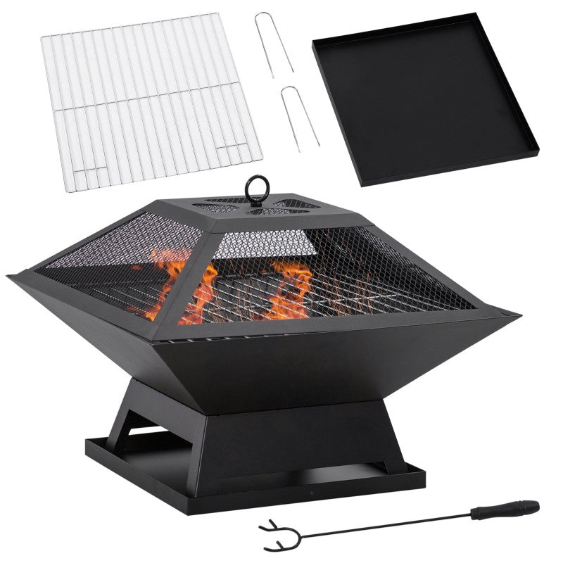 Lägereld med gnistskydd Grillgaller Lägereldsplats för trädgården BBQ stål svart 45 x 45 x 34 cm