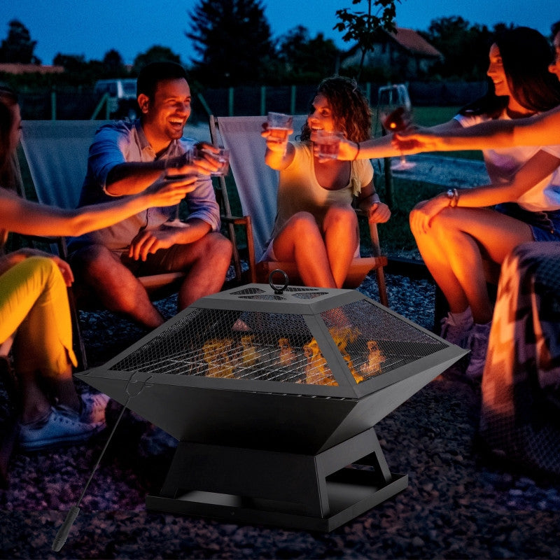 Lägereld med gnistskydd Grillgaller Lägereldsplats för trädgården BBQ stål svart 45 x 45 x 34 cm