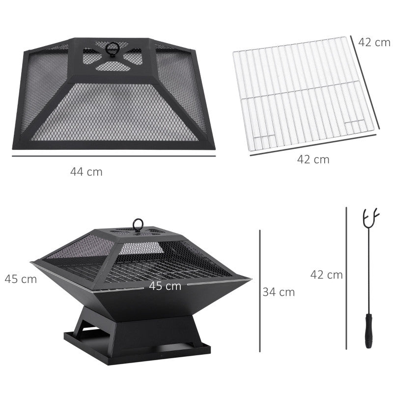 Lägereld med gnistskydd Grillgaller Lägereldsplats för trädgården BBQ stål svart 45 x 45 x 34 cm