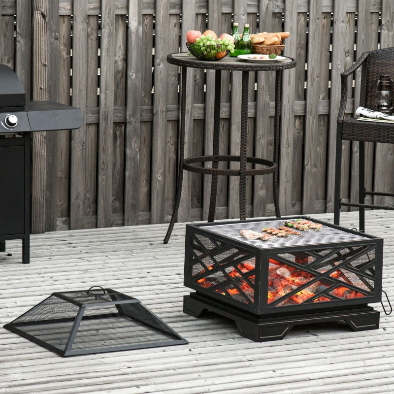Eldstad med gnistskydd, grillgaller, fyrkantig, stålhölje, svart, 66 x 66 cm.