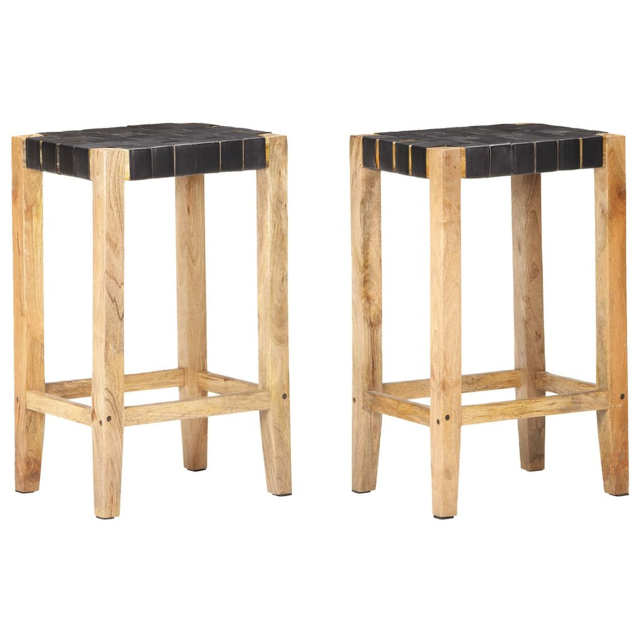 Barstolar, 2 st, svart äkta läder, 75 cm