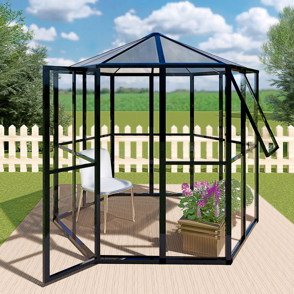 POHJOLA GARDEN Kuusikulmainen Paviljonki / Lasikasvihuone 3,7m2, Musta, Alumiinirunko