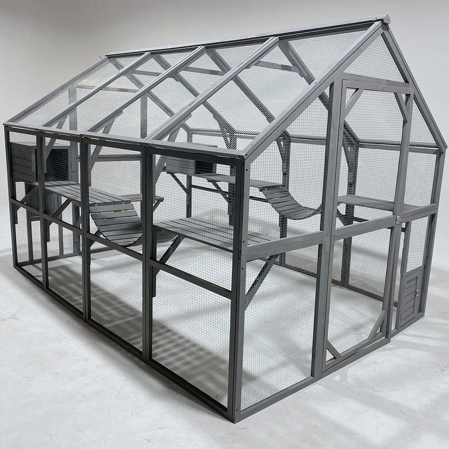 Kattkoja 280 x 187 x 187 cm – för upp till 6 katter, 2 koppar, ram av gran