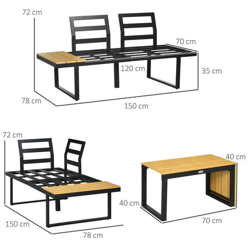 puutarhakalustesarja 3 hengelle istuintyynyllä, alumiinirunko, puun näköinen, tummanharmaa+luonnollinen