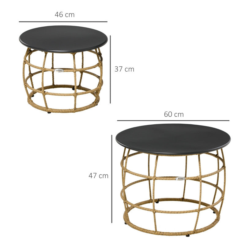 2 boho-trädgårdsbord, väderbeständiga, 60 cm x 60 cm x 47 cm, naturligt trä + mörkgrått