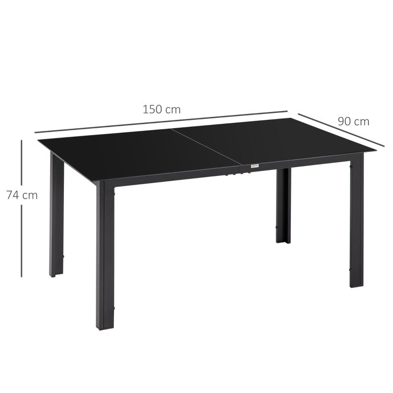 Trädgårdsbord för 6 personer, väderbeständigt, härdat glas, 150 cm x 90 cm x 74 cm, svart
