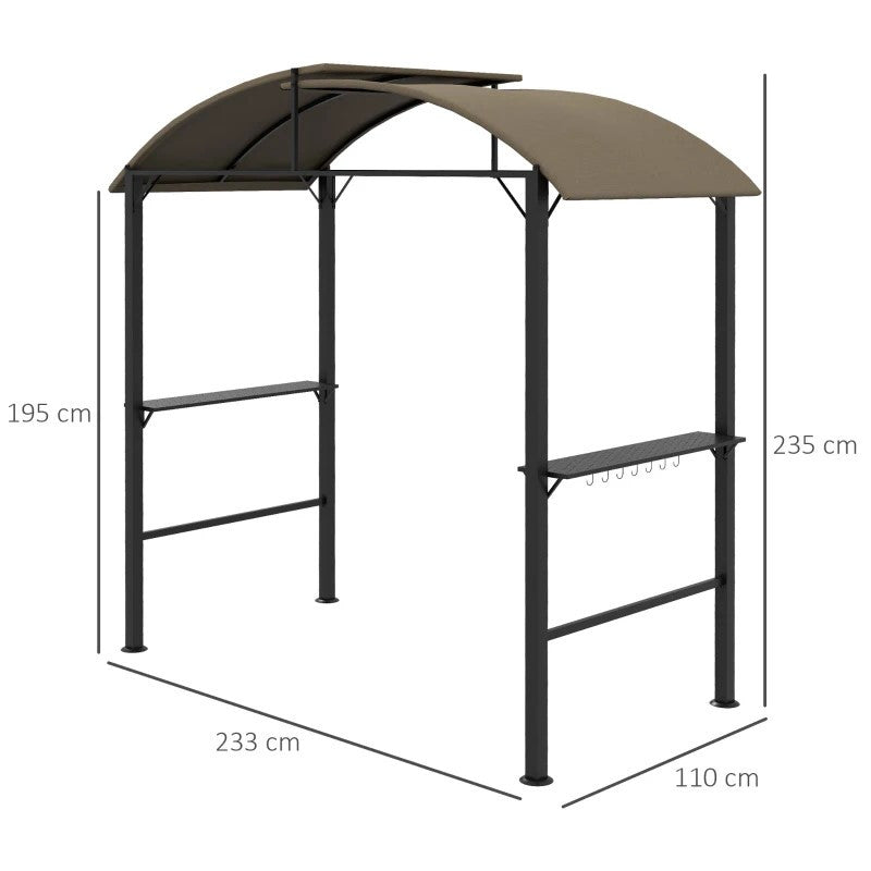 grillpaviljong, 2 sidohyllor, krokar, stålram, 1,1 x 2,3 m, khaki