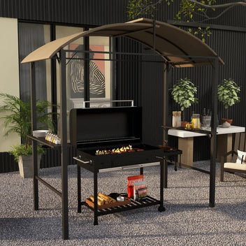 grillpaviljong, 2 sidohyllor, krokar, stålram, 1,1 x 2,3 m, khaki