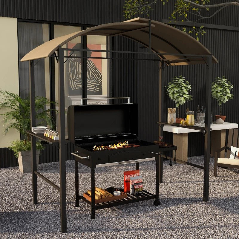 grillpaviljong, 2 sidohyllor, krokar, stålram, 1,1 x 2,3 m, khaki