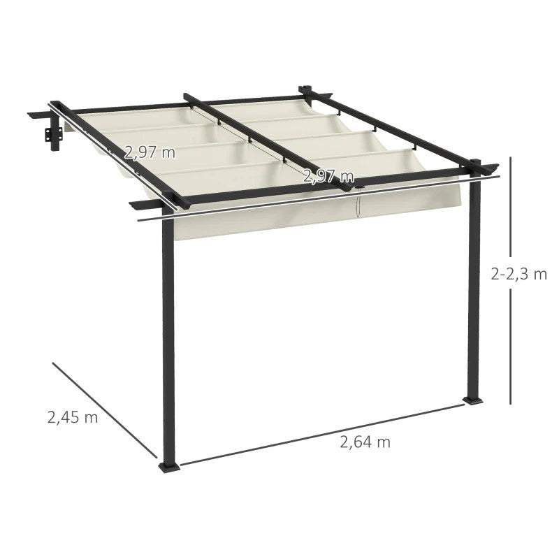 trädgårdspergola 3 x 3 m, infällbar, väggmonterad, metallram, krämvit