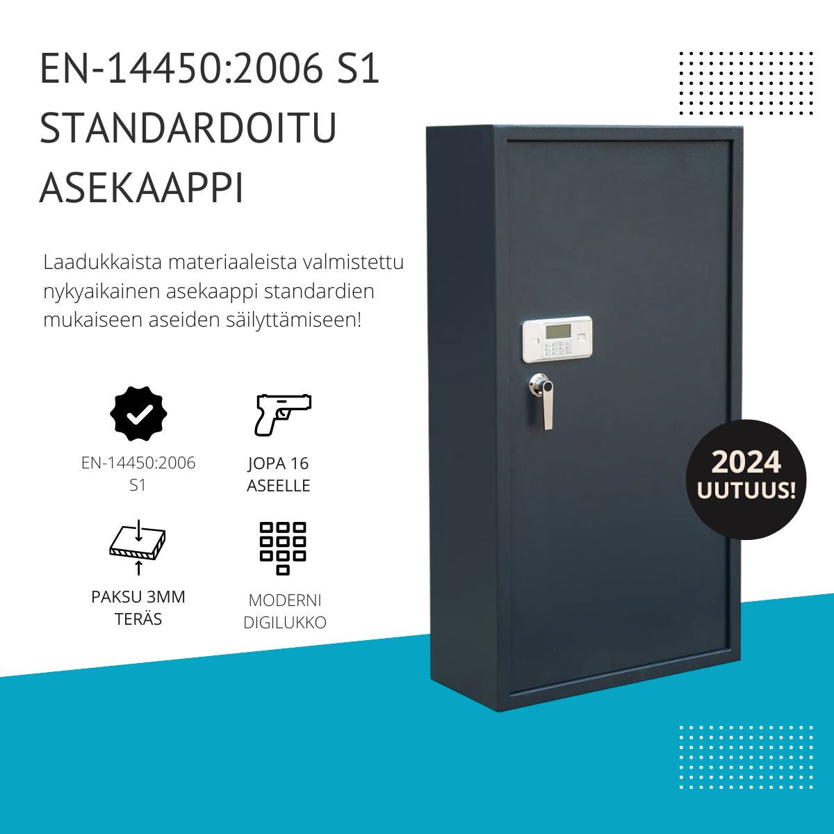 Vapenskåp för 16 vapen 149 x 80 x 35 cm – digitalt lås, EN 14450
