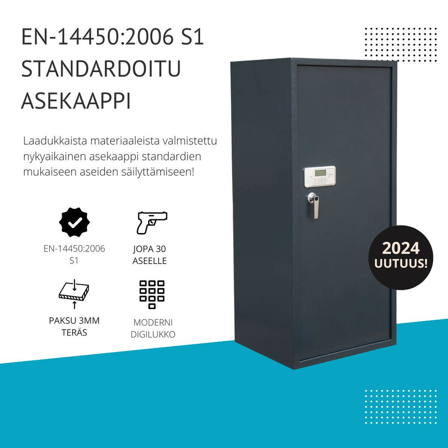 Asekaappi 30 aseelle 170 x 75 x 65 cm – digitaalilukko, EN 14450