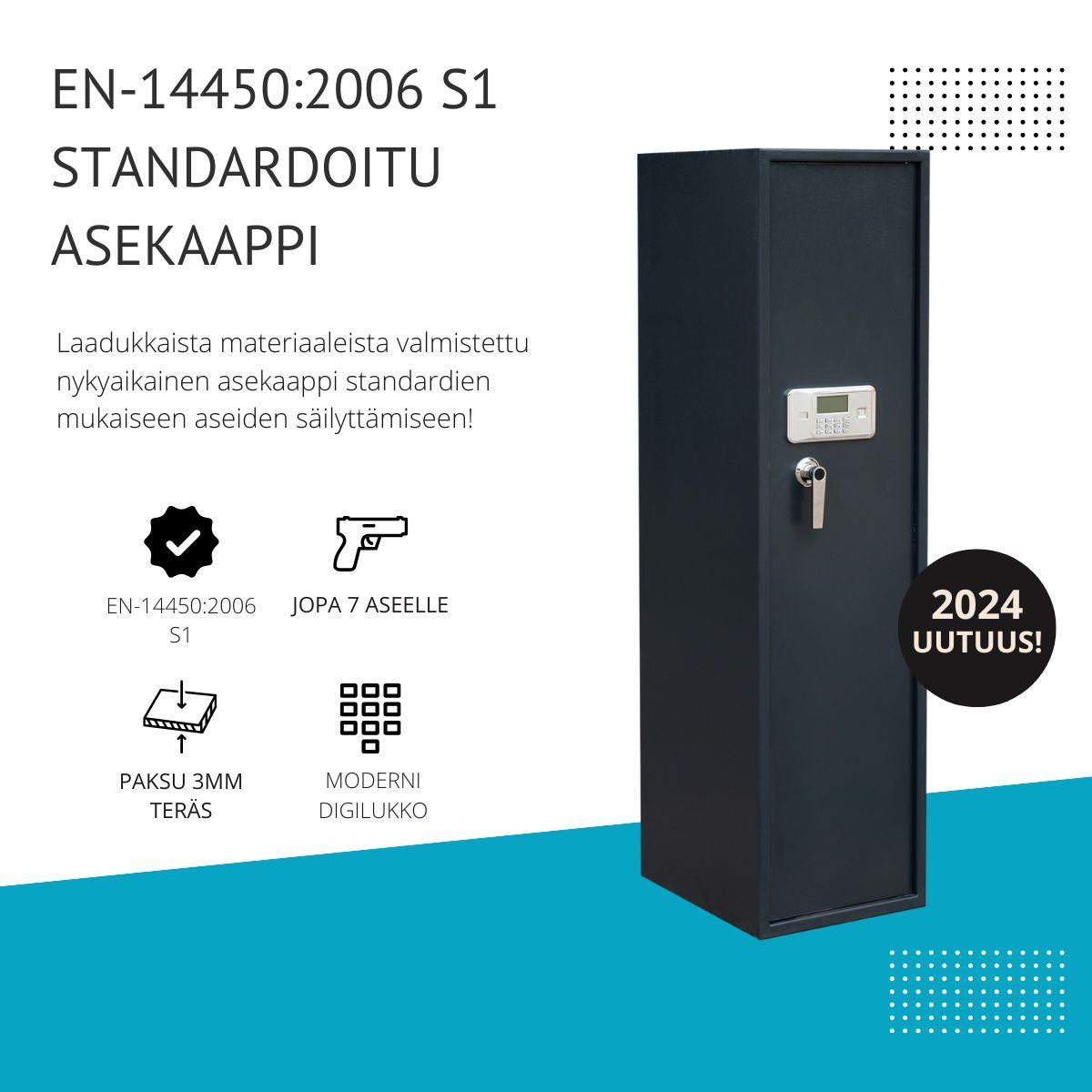 Vapenskåp för 7 vapen 159 x 50 x 41 cm – digitalt lås, larm, grå