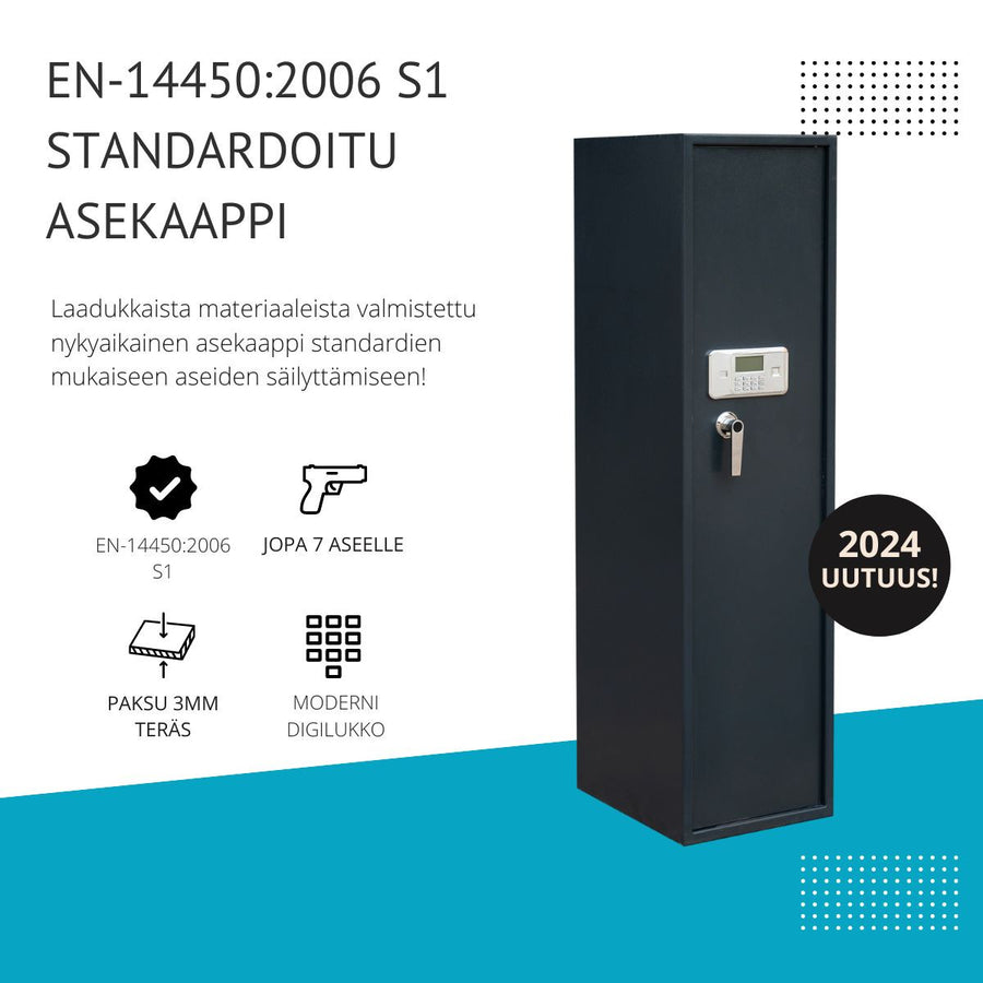 Vapenskåp för 7 vapen 159 x 50 x 41 cm – digitalt lås, larm, grå