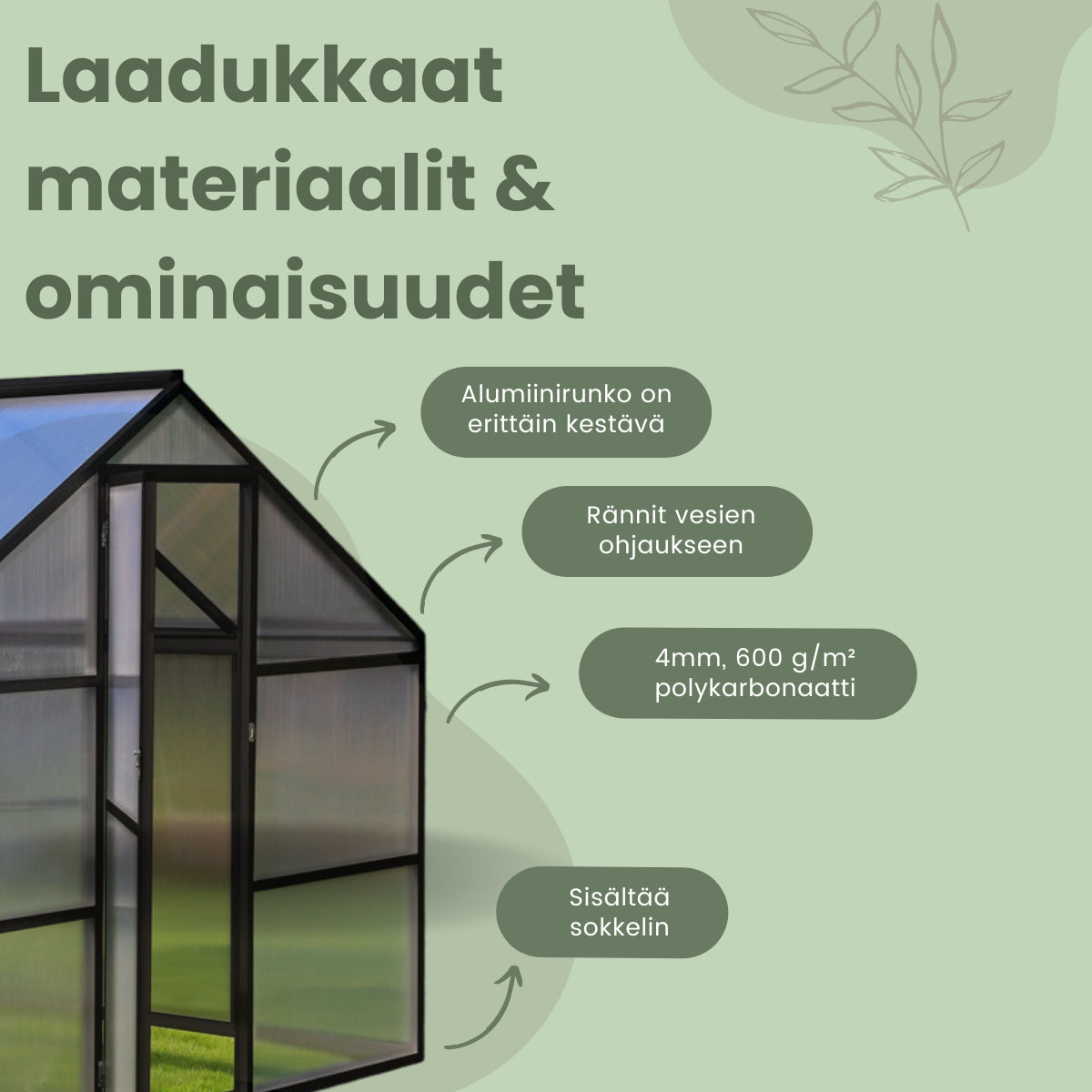 POHJOLA GARDEN Kasvihuone 5,4m2 + Sokkeli & Rännit, Extra kestävä 600g/m2 kennolevy, musta
