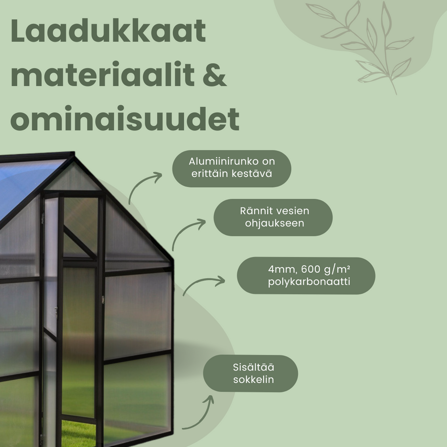 Växthus 5,75 m² – 600 g/m² cellplåt, sockel, aluminiumram