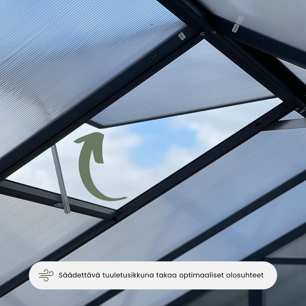 POHJOLA GARDEN STRONG Kasvihuone 8,6m2  + Sokkeli & Rännit, 4mm 800g/m2 kennolevyt, musta