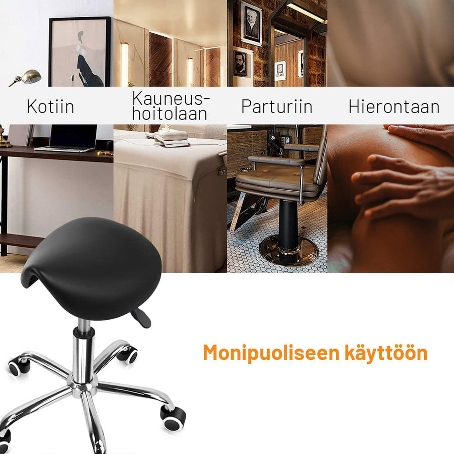 Satulatuoli – korkeudensäätö 48–61,5 cm, kantavuus 150 kg, pyörällinen