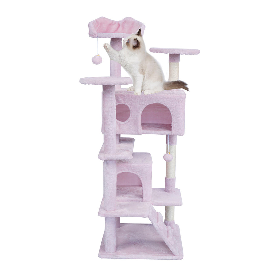 Kissan raapimispuu 138,5 cm – kaksi mökkiä, sisal-tolpat, pinkki