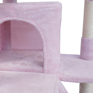 Kissan raapimispuu 138,5 cm – kaksi mökkiä, sisal-tolpat, pinkki