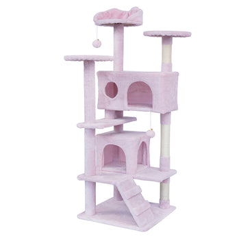 Kissan raapimispuu 138,5 cm – kaksi mökkiä, sisal-tolpat, pinkki