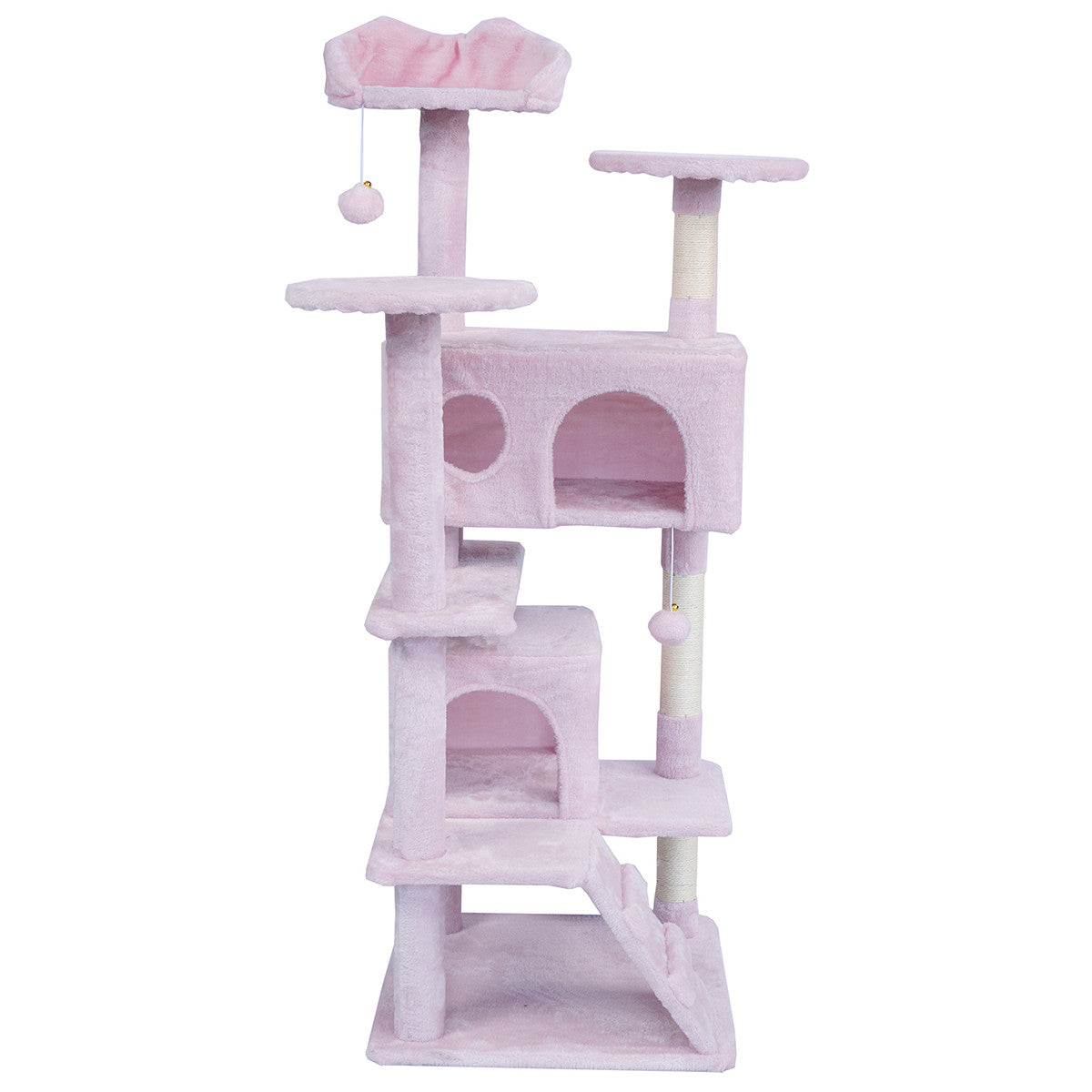 Kissan raapimispuu 138,5 cm – kaksi mökkiä, sisal-tolpat, pinkki