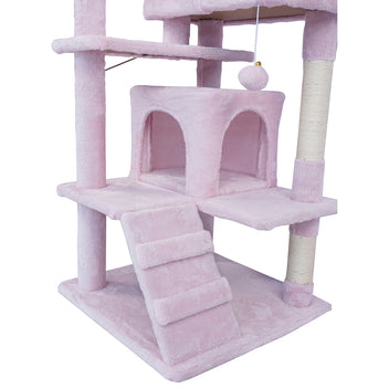 Kissan raapimispuu 138,5 cm – kaksi mökkiä, sisal-tolpat, pinkki