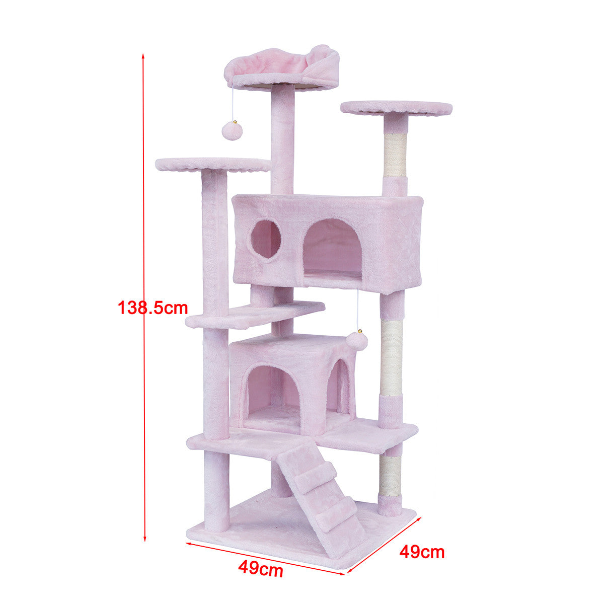 Kissan raapimispuu 138,5 cm – kaksi mökkiä, sisal-tolpat, pinkki