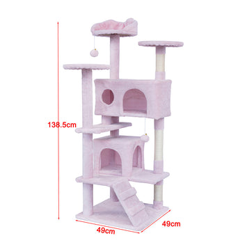 Kissan raapimispuu 138,5 cm – kaksi mökkiä, sisal-tolpat, pinkki