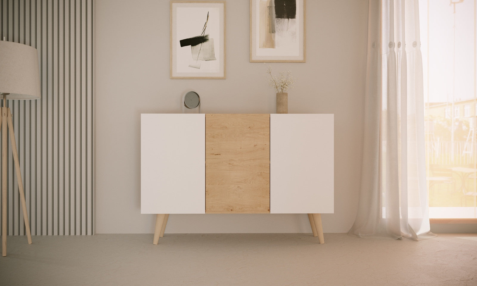 Kocot Toronto senkki 120cm, 3 kaappia, säädettävä hyllykorkeus, valkoinen/beige