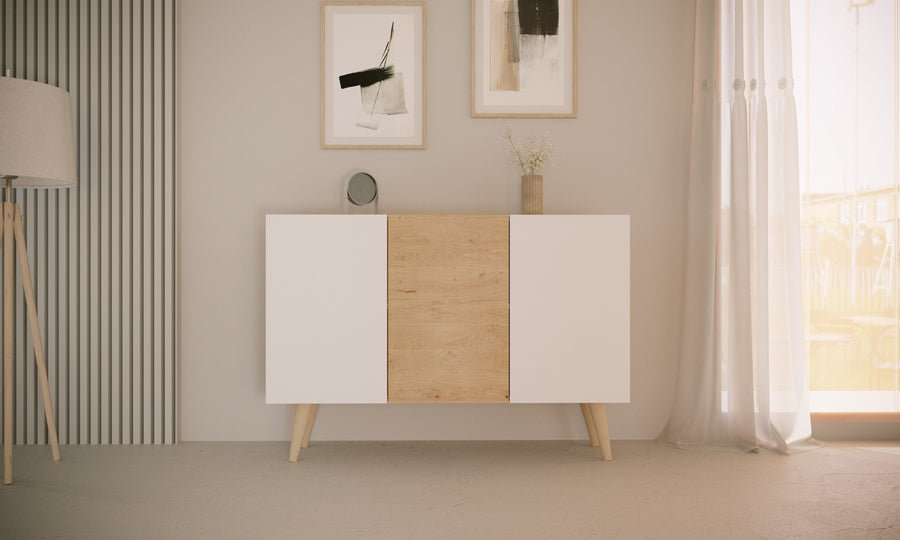Kocot Toronto senkki 120cm, 3 kaappia, säädettävä hyllykorkeus, valkoinen/beige