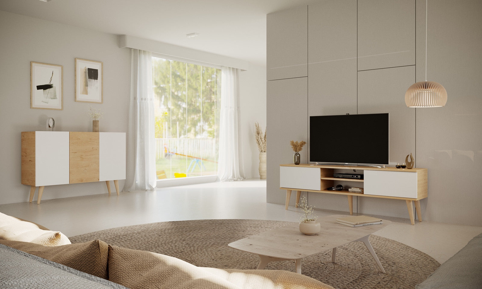 Kocot Toronto senkki 120cm, 3 kaappia, säädettävä hyllykorkeus, valkoinen/beige