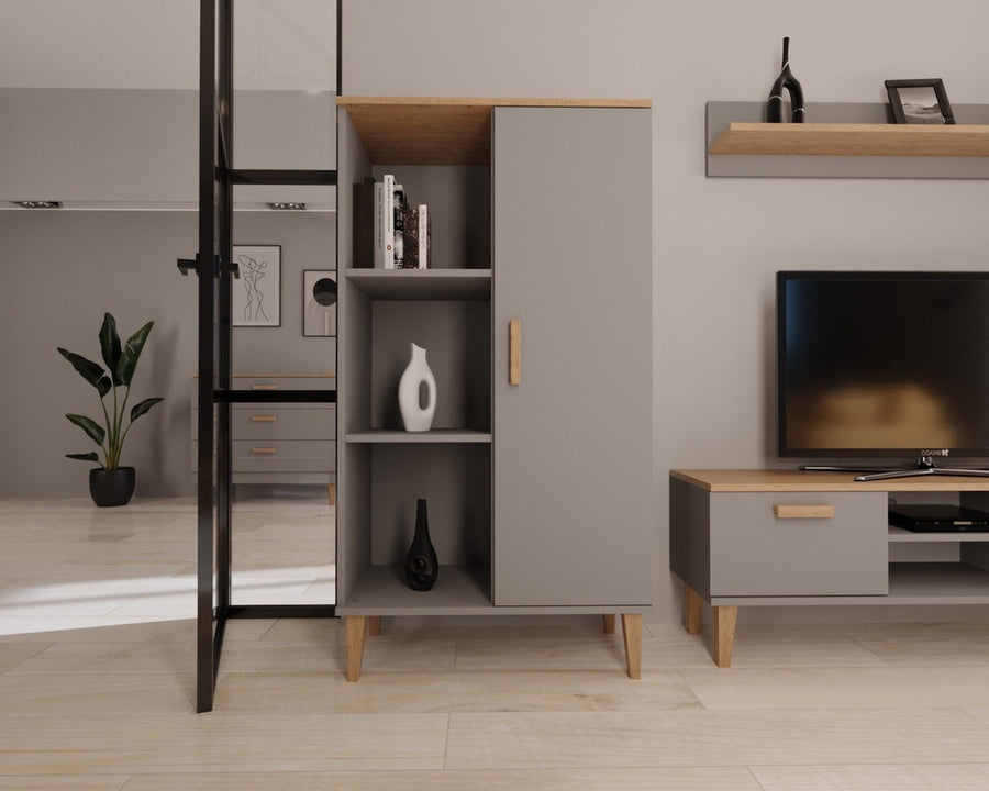 Kocot Denver bokhylla 120 cm med skåp, 3 hyllor, grå/beige