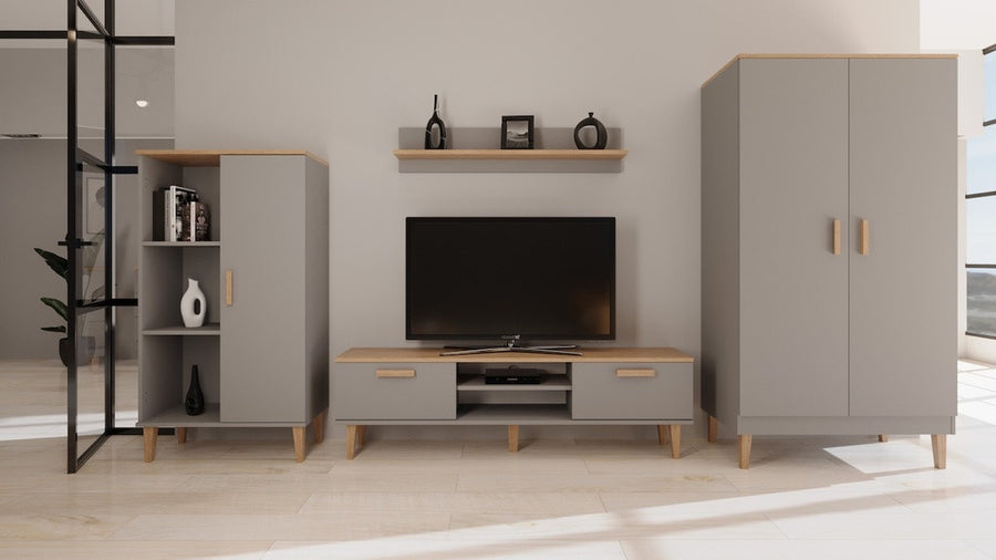 Kocot Denver bokhylla 120 cm med skåp, 3 hyllor, grå/beige