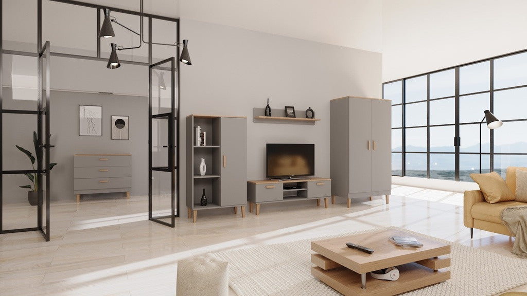 Kocot Denver kirjahylly 120cm kaapilla, 3 tasoa, harmaa/beige